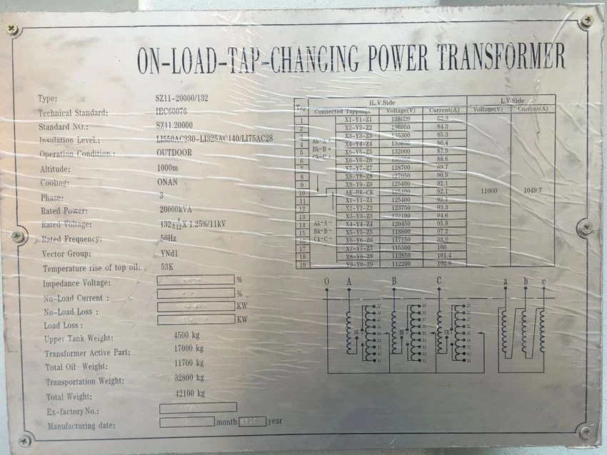 20mva on-load-tap-changer Oil Immersed transformer nameplate 20mva on-load-tap-changer Oil Immersed transformer nameplate